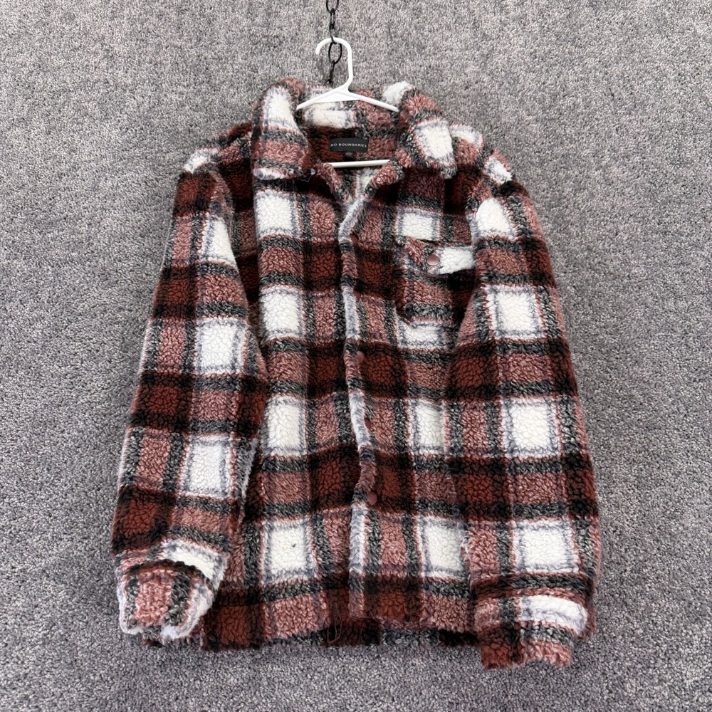 No Boundaries Fleece Shirt Jacket Mens Small Red Plaid Sherpa Shacket Button Up